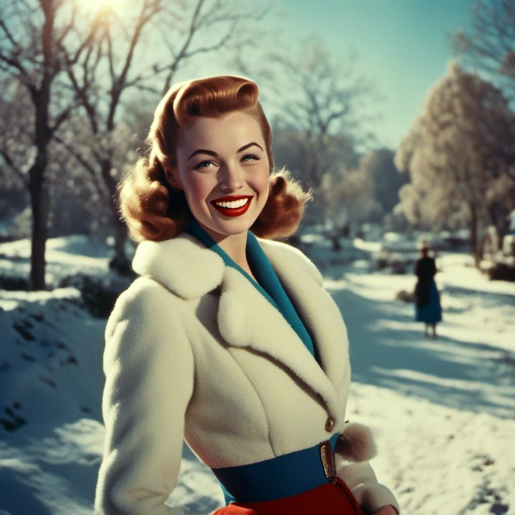 <lora:pin-up:1.0> beautiful 1950's smiling girl, winter