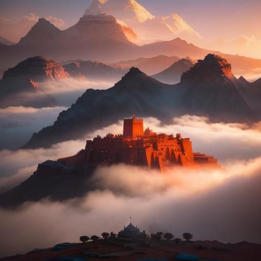 Khasbaa in the Moroccan mountains, shrouded in clouds, at su...