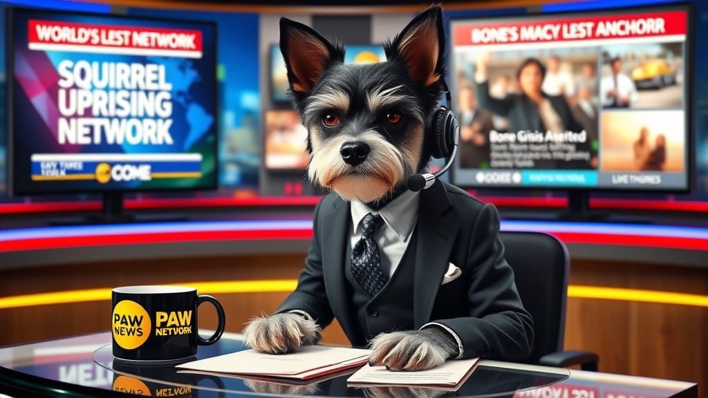 A black and white Miniature Schnauzer sitting confidently as a news anchor in a modern newsroom, wearing ...  by @Dan Jones
