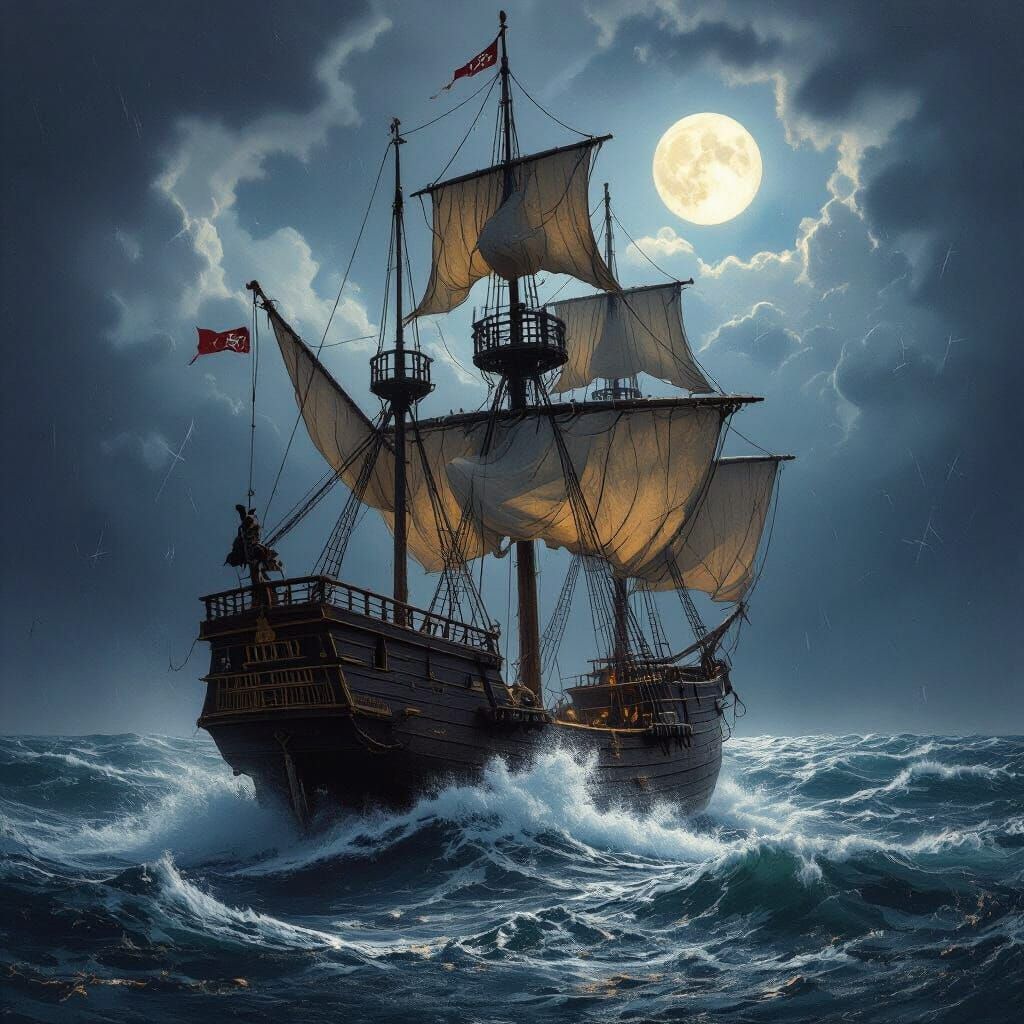A weathered pirate galleon battling towering waves in a tempestuous ocean, 