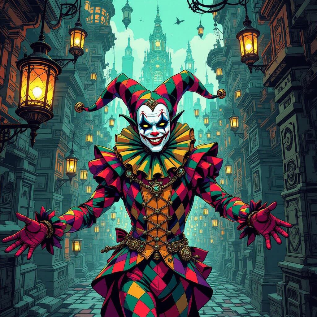 A lone, tattered clown stands in the ruins of a post-apocalyptic city, illuminated by a single, flickering streetlamp. The scene is rendered...