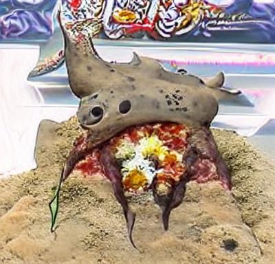 the horned shark shaped corpse pizza into the idol of a dirt...