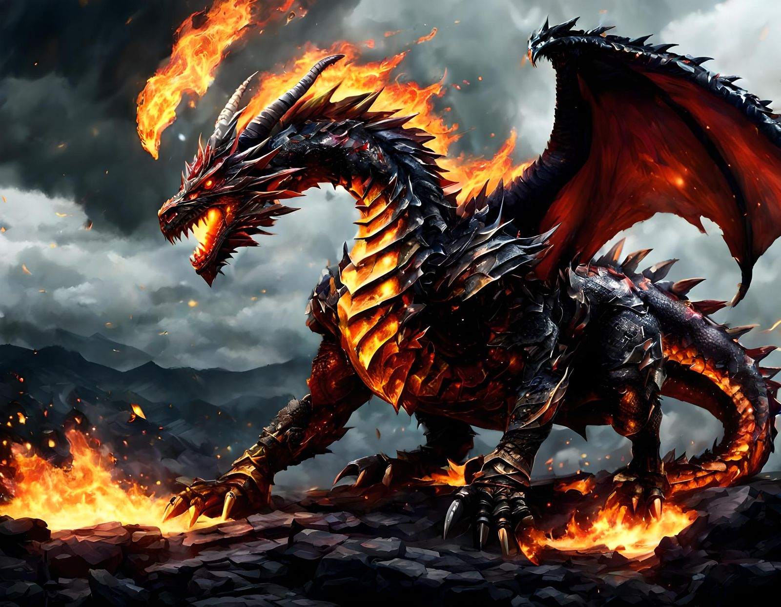 Elemental dragon of fire battle a knight