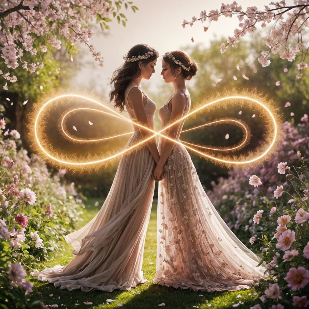 Two Women Embracing in a Dreamlike Garden Scene with Infinit...