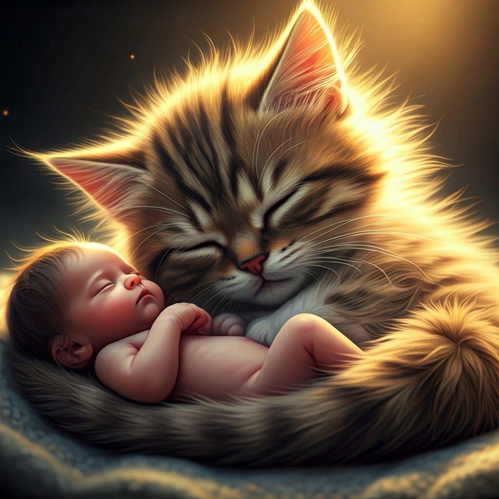 Miniature Cat and Infant in Golden Light