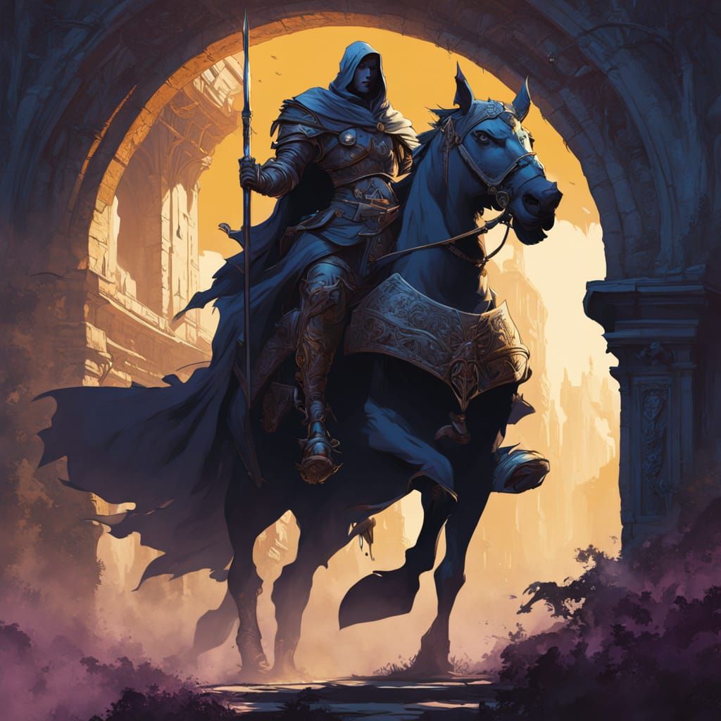 A lone knight, clad in weathered armor, stands before a colossal, ancient stone archway pulsating with ethereal blue energy. The archway is ...