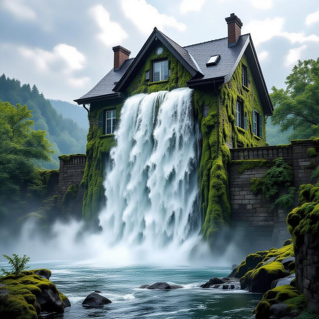 Giant Waterfall from Second-Story Window in Photorealistic S...