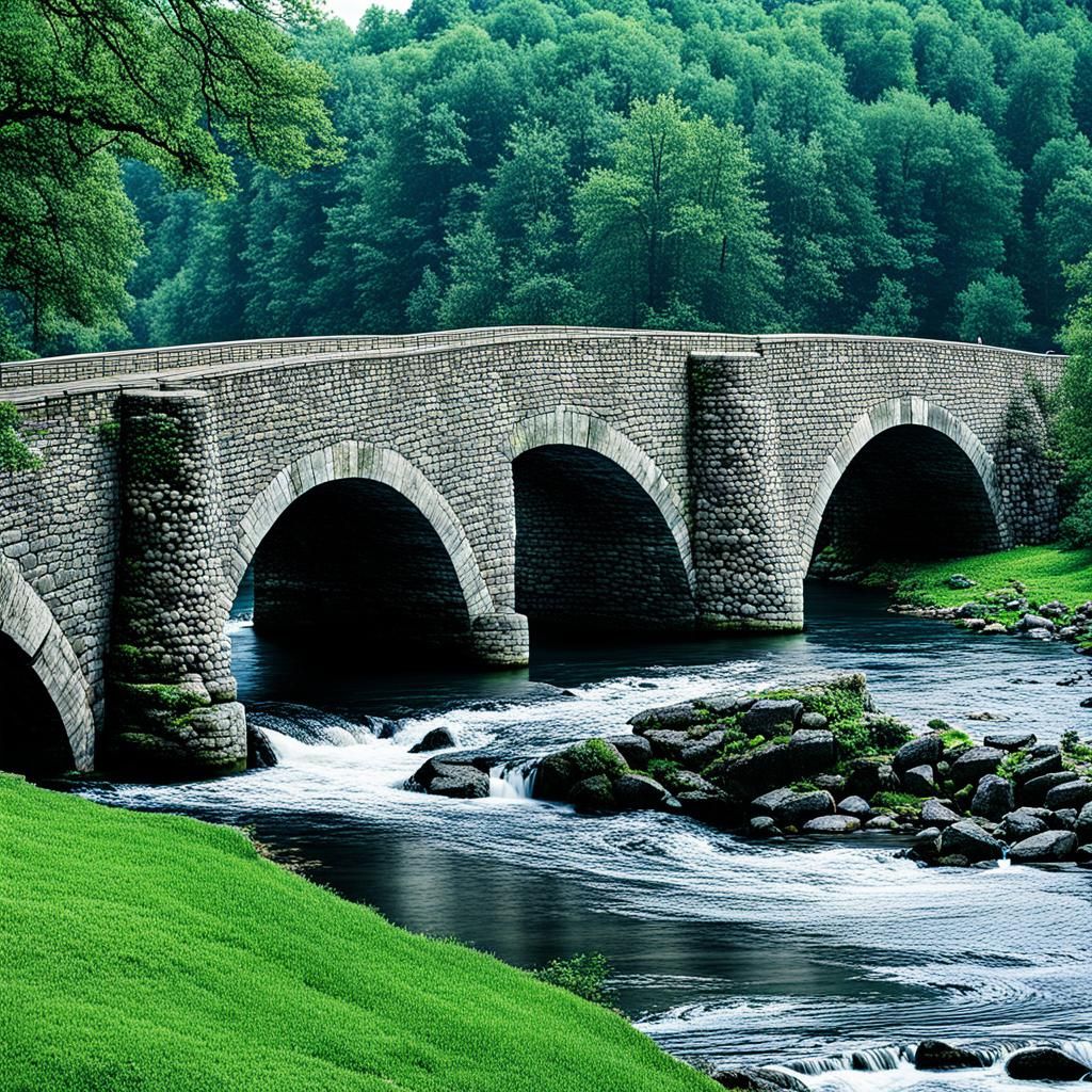 A stone bridge going over a river