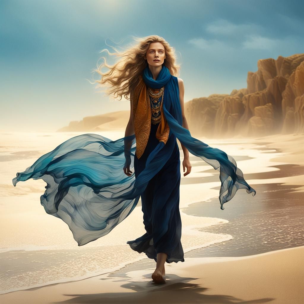A woman walking along a beach , her long wavy hair and silk ...