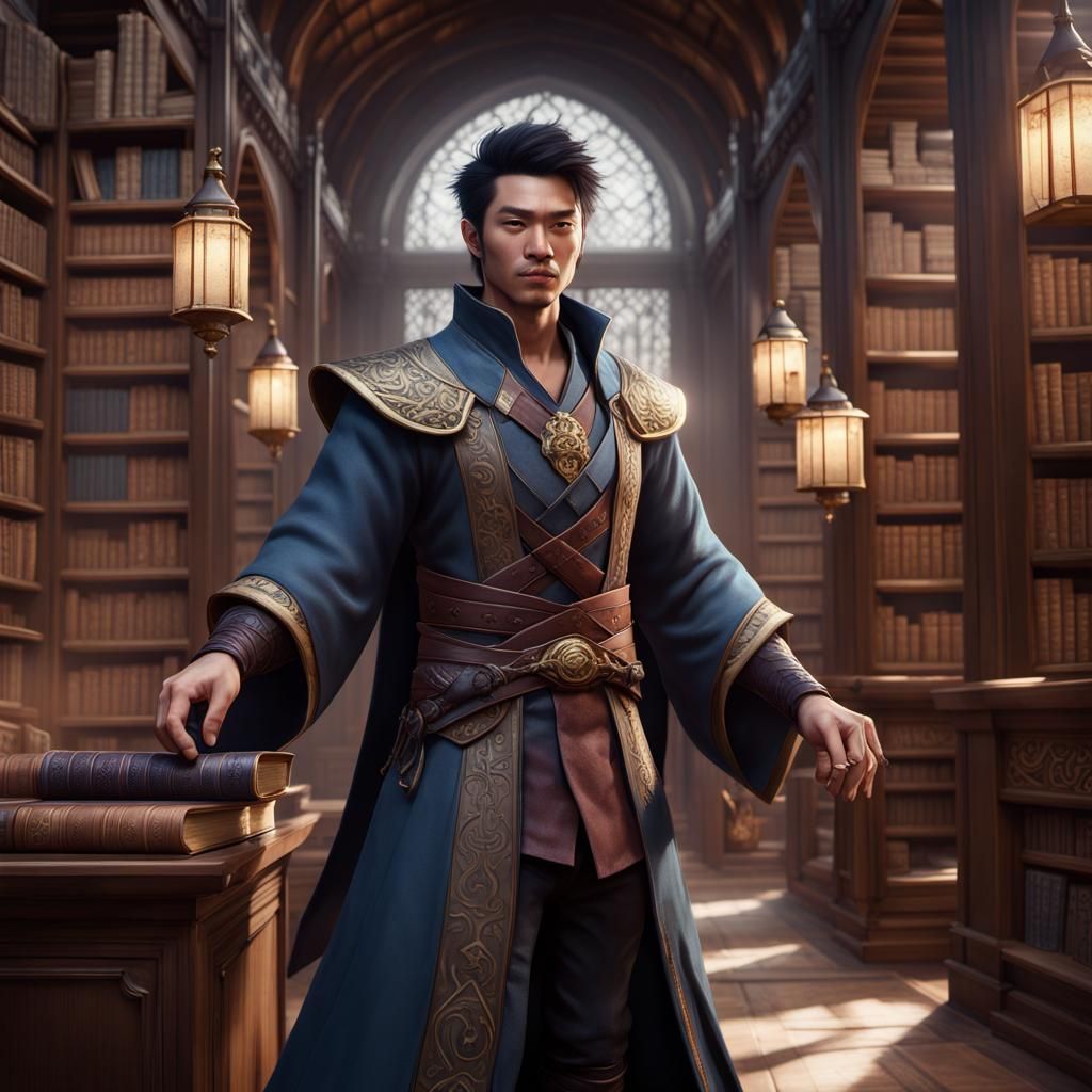 handsome Asian mage in dungeons and dragons world studies in...