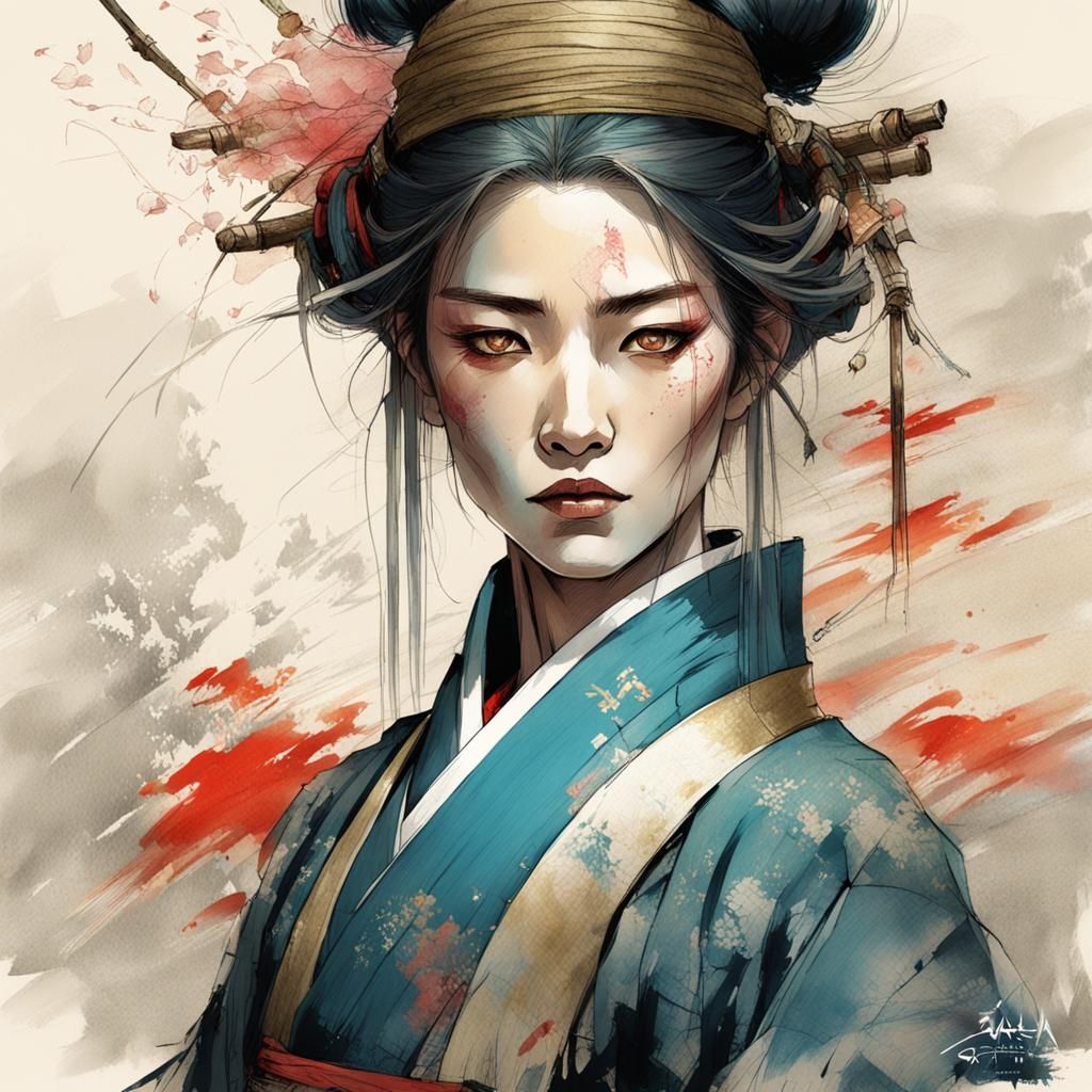 Stunning fine color sketch, Portrait of a beautiful Traditio...