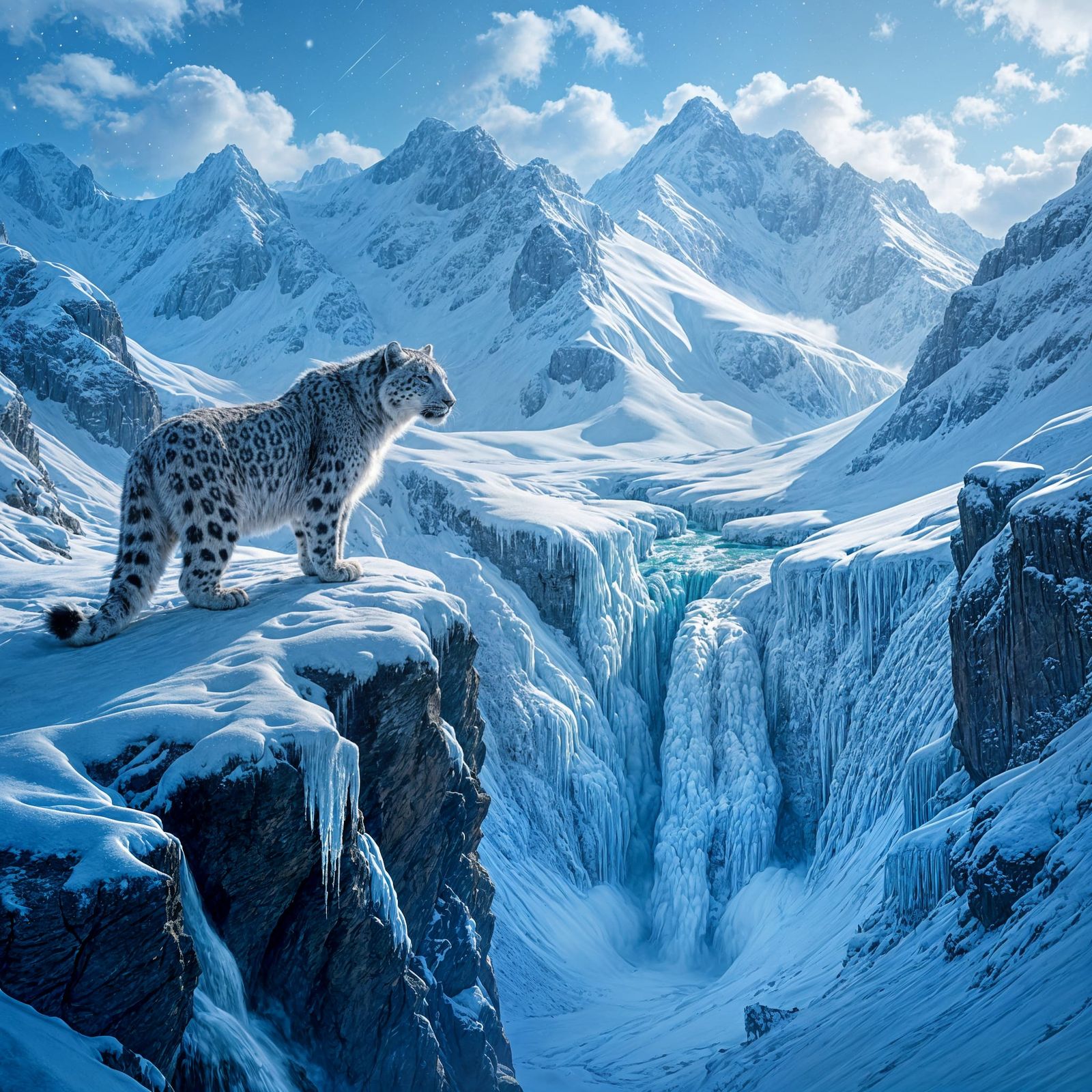 Majestic Snow Leopard in Blizzard Overlooking Icy Abyss
