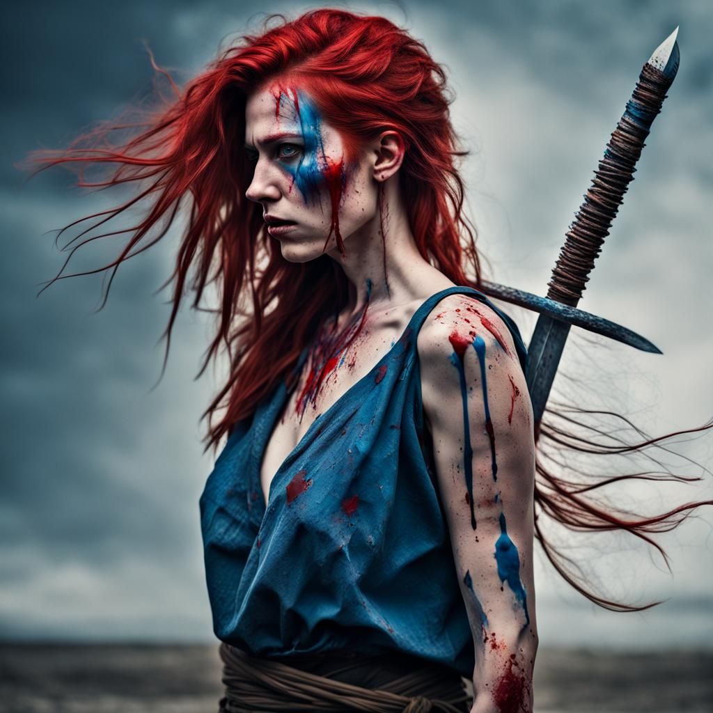 A Pict woman warrior holding a sword and standing. She has red hair