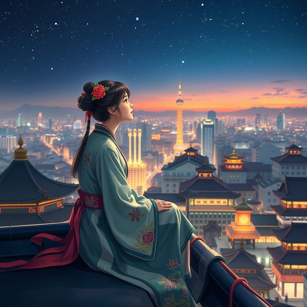 Romantic Beijing Rooftop Scene in Whimsical Digital Art