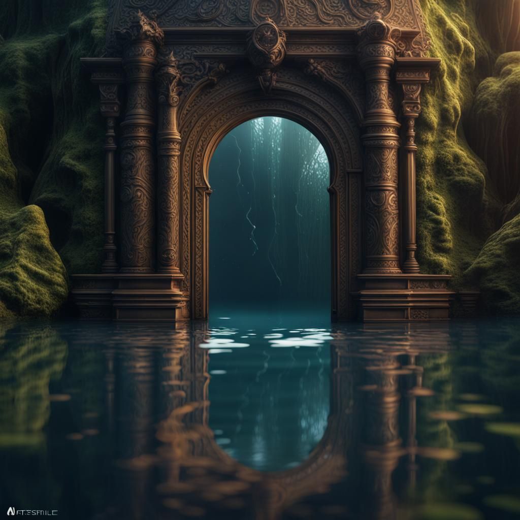 A secret doorway in the reflection of the water with a magic...
