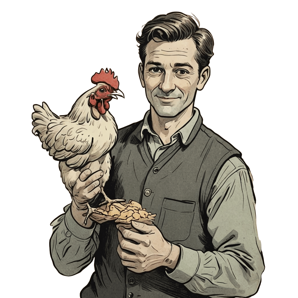 Cartoon drawing of a man holding a chicken