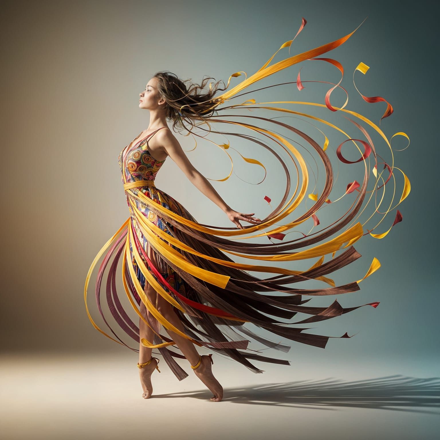 The image depicts a stylized figure of a woman, seemingly woven from or surrounded by colorful ribbons. ...  by @Likvi