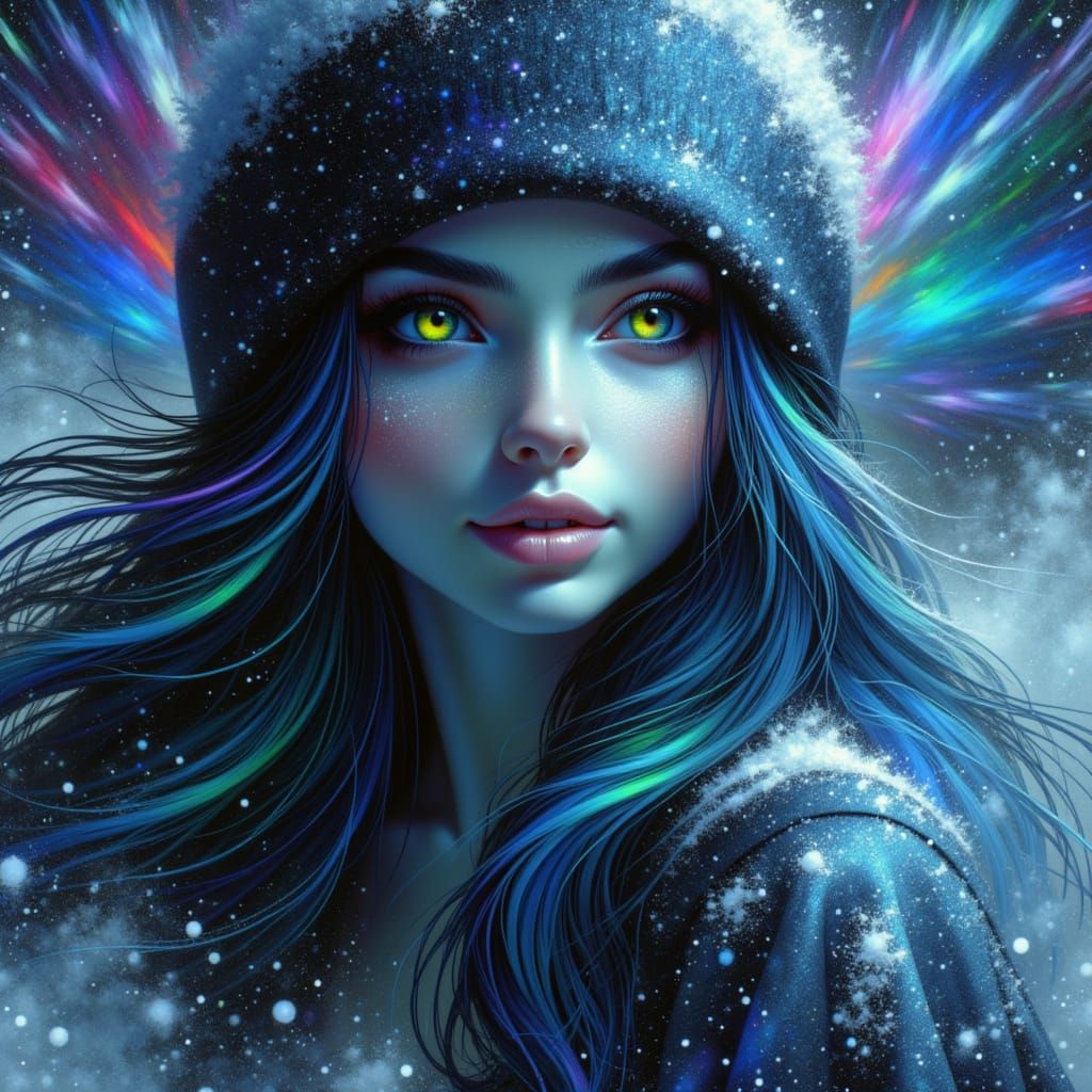 <lora:Acrylic Archive Fx:1.0>, Portraiture of ethereal frost snow-covered woman, auroral luminescence infused in delicate facial features, p...