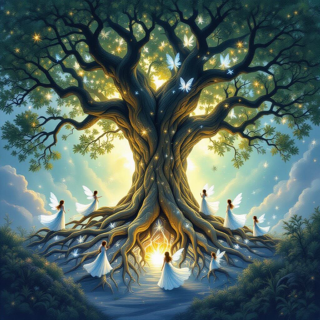 A majestic oak tree with roots that form intricate, glowing portals to different celestial realms. Tiny, bioluminescent fairies flit between...