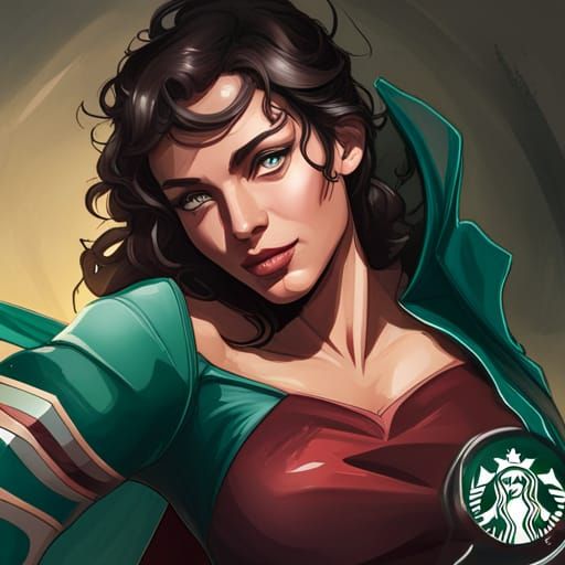 Starbucks mascot as a superhero