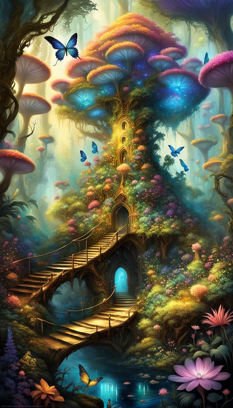 Enchanted forest teeming with mystical flora and fauna, fair...