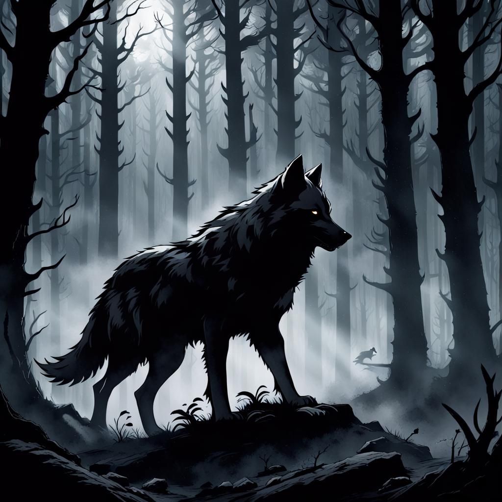 Black and white fantasy art of wolf silhouette in dark misty woods - AI ...