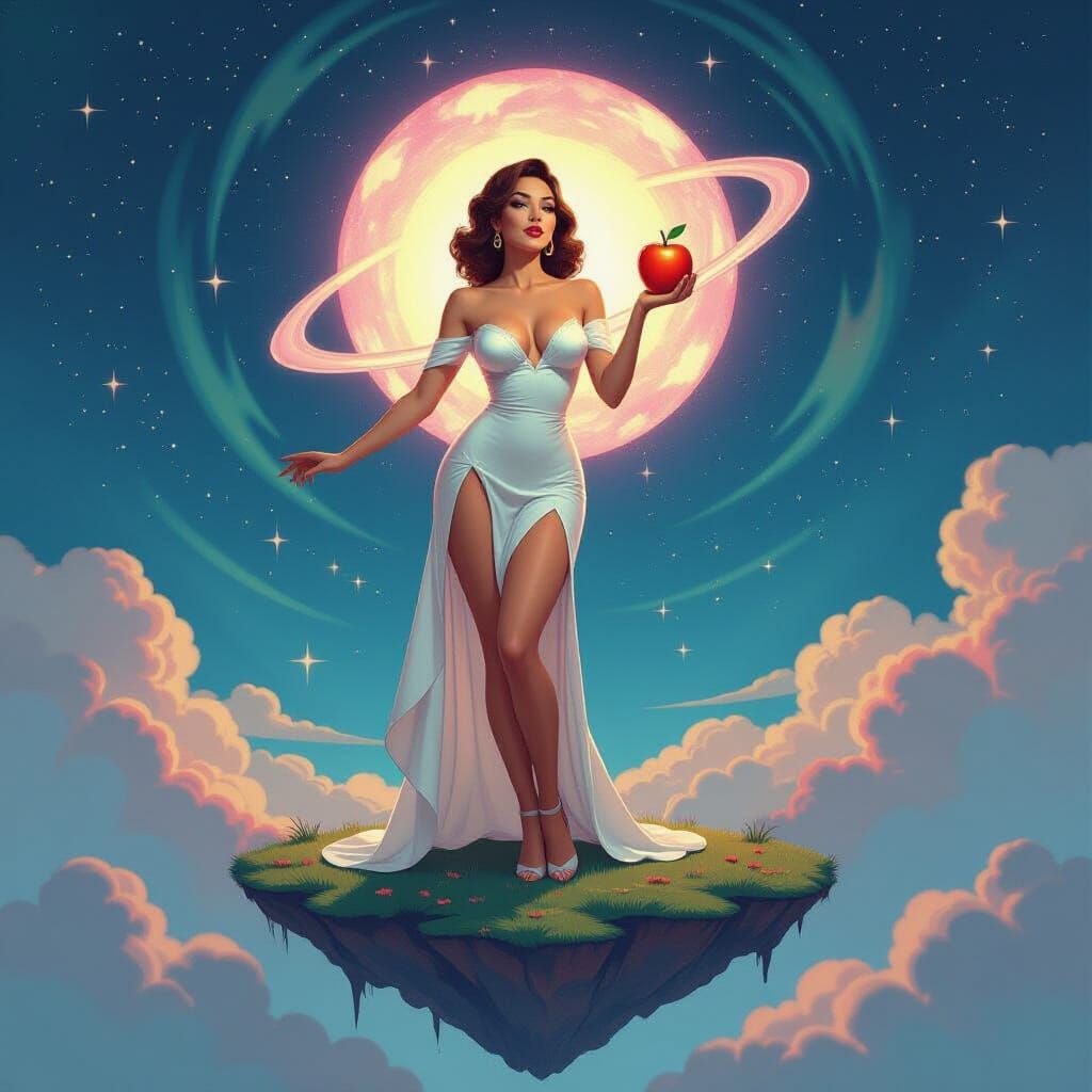 A stylized pinup illustration of a woman with iridescent skin, standing on a floating island amidst a swirling cosmic void. She holds a glow...