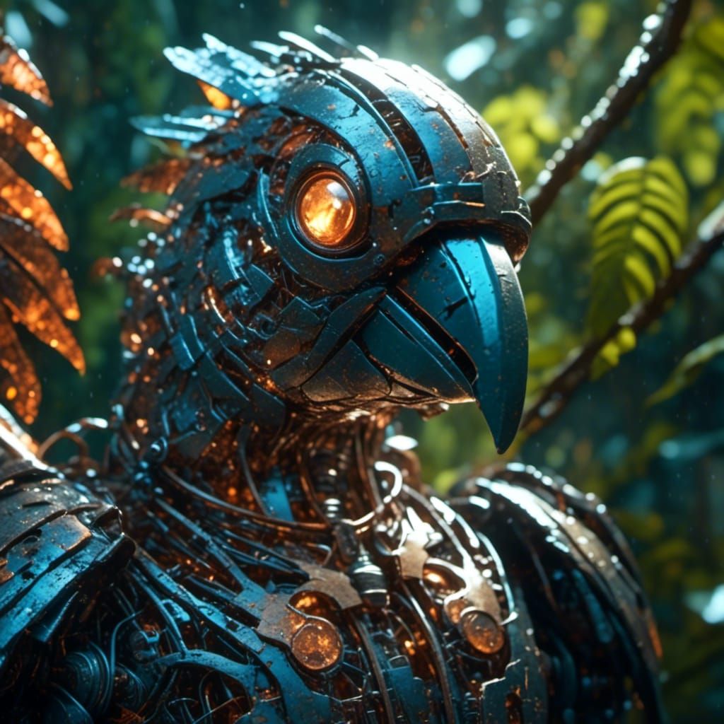 an extreme close-up, realistic old and cracked photograph of a translucent softly glowing mechanically functioning rusty parrot in a lush ju...