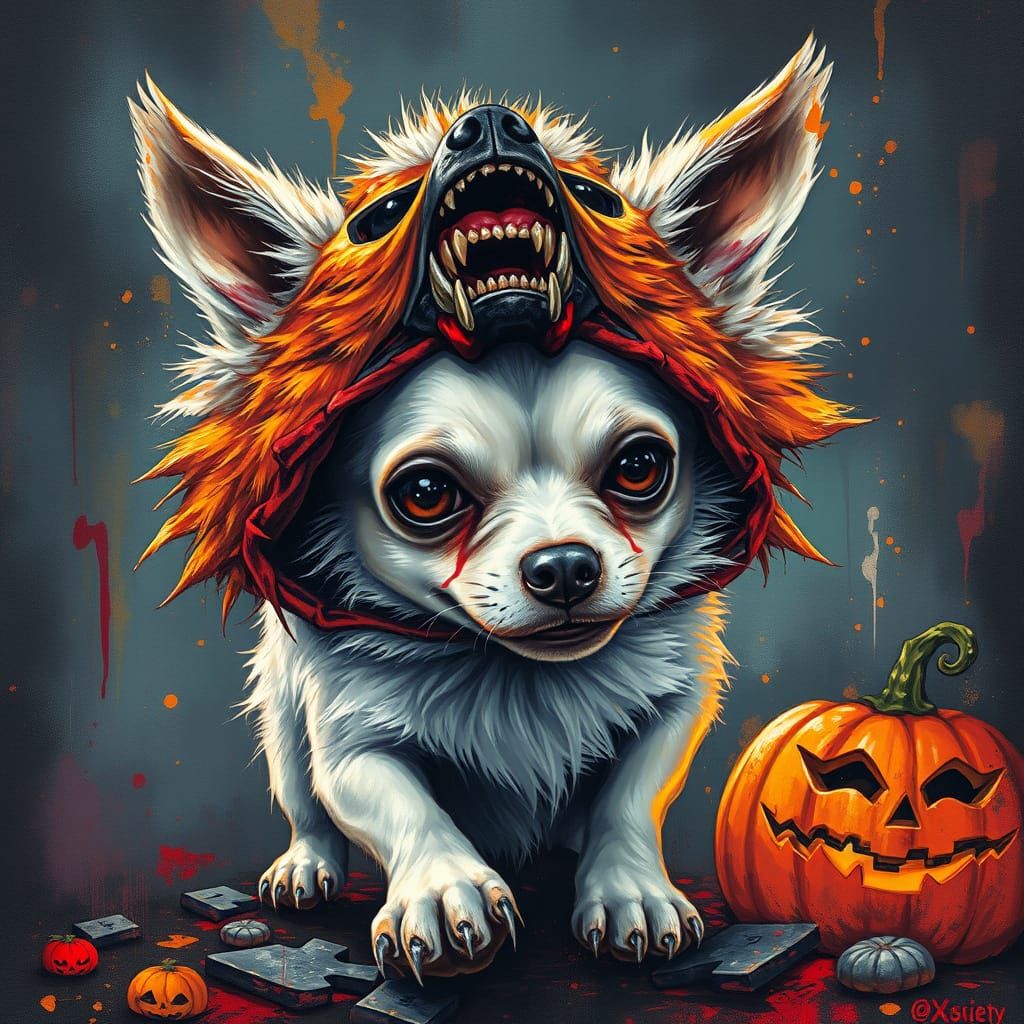 A Chihuahua dressed as a wolf for Halloween 