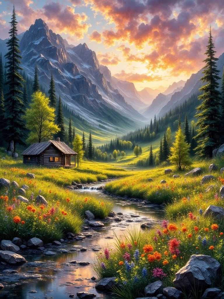 1800s. green valley, mountains in background, forest, meadows with wildflowers, a stream reflecting ...  by @Char