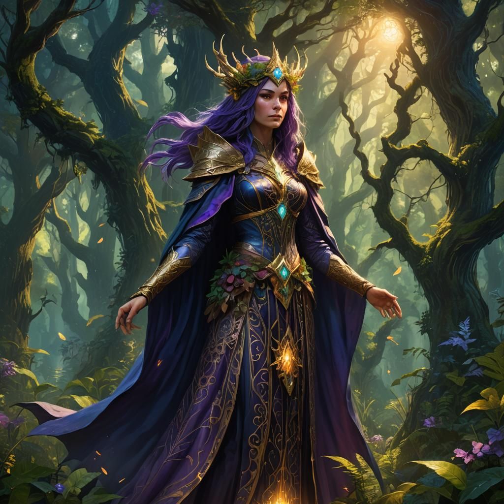 Regal Sorceress in Mystical Forest: Fantasy Matte Painting