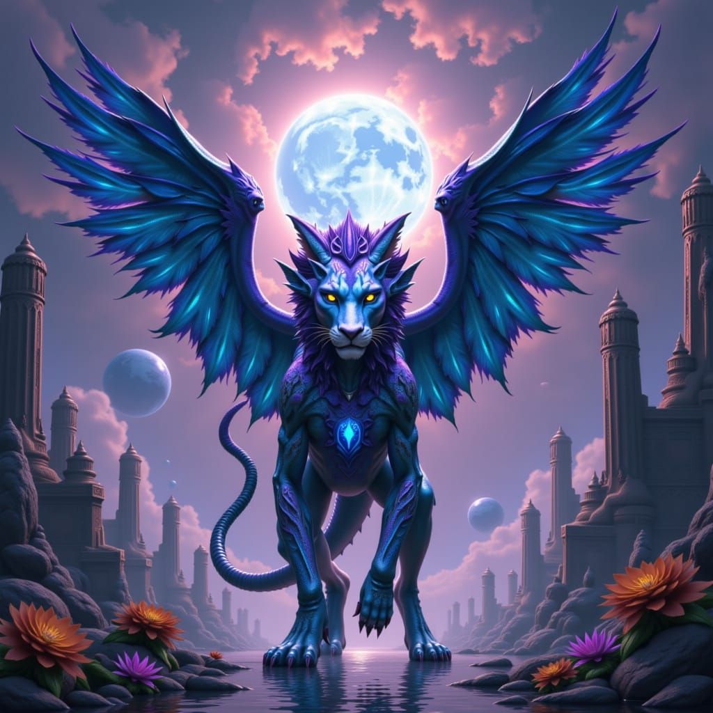 Mythological illustration. A powerful alien creature, resembling a winged lion with celestial patterns, guarding a portal between ancient ru...