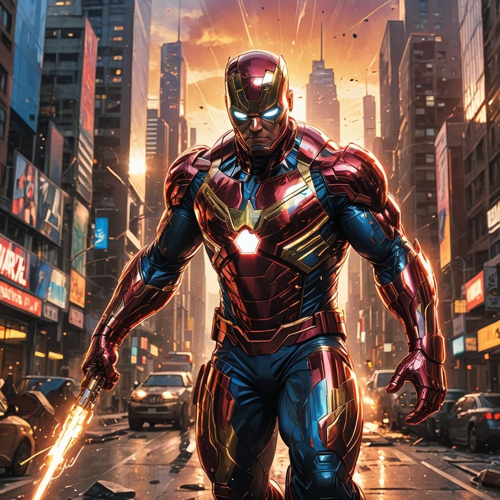 Heroic Figure in Comic Book Style with Cityscape