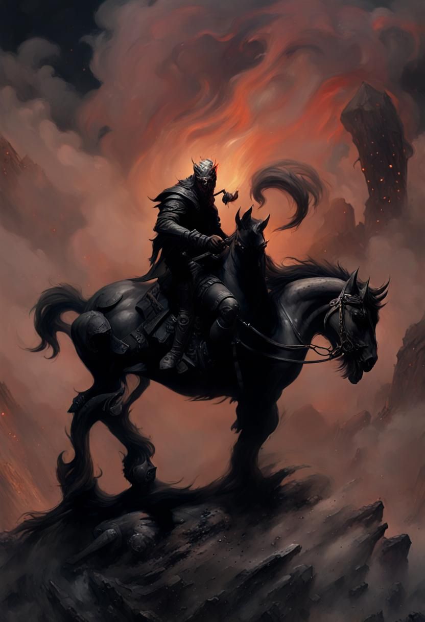 Photograph Portrait: Death Dealer Riding Nightmare, Hellsteed smoke ...