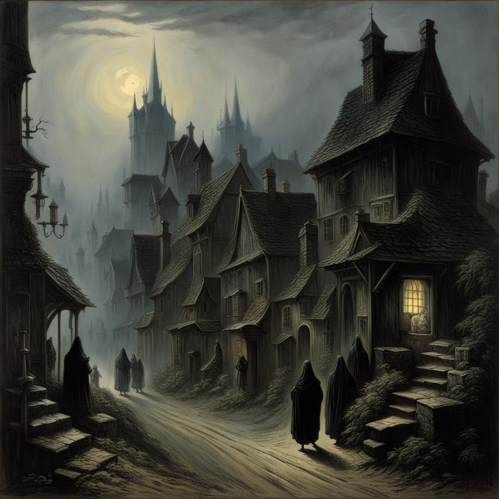 A European village shrouded in mist, with creaking buildings and