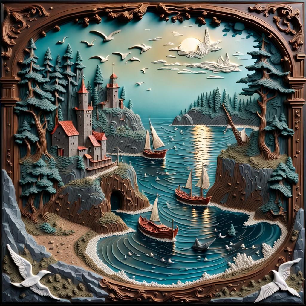 Insanely detailed vood bas relief of an entire seascape with boats, whales, seagulls,  shore, rocks, ...  by @Bastian