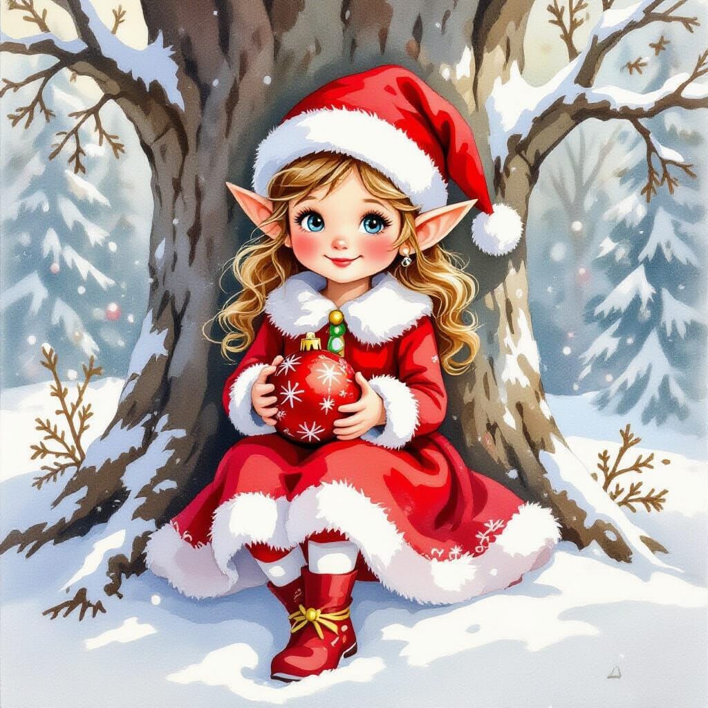 une jolie petite elfe de noel, elle porte une jolie robe rouge et blanche, elle est assise sur une souche ...  by @lola besferder