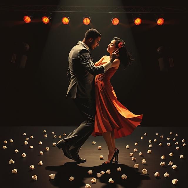 A Black man and an Asian woman dance the tango on a dark sta...