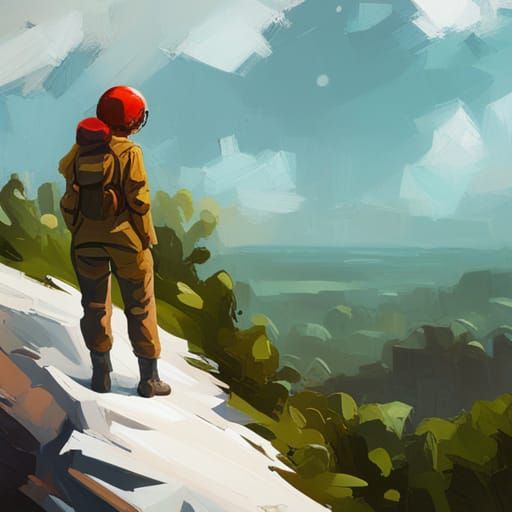 a painting of a girl in a flight suit standing on a cliff ed...