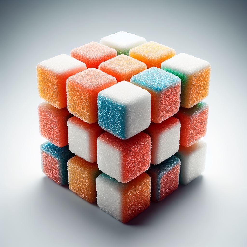 A Rubik's cube crafted from individual cubes of sugar