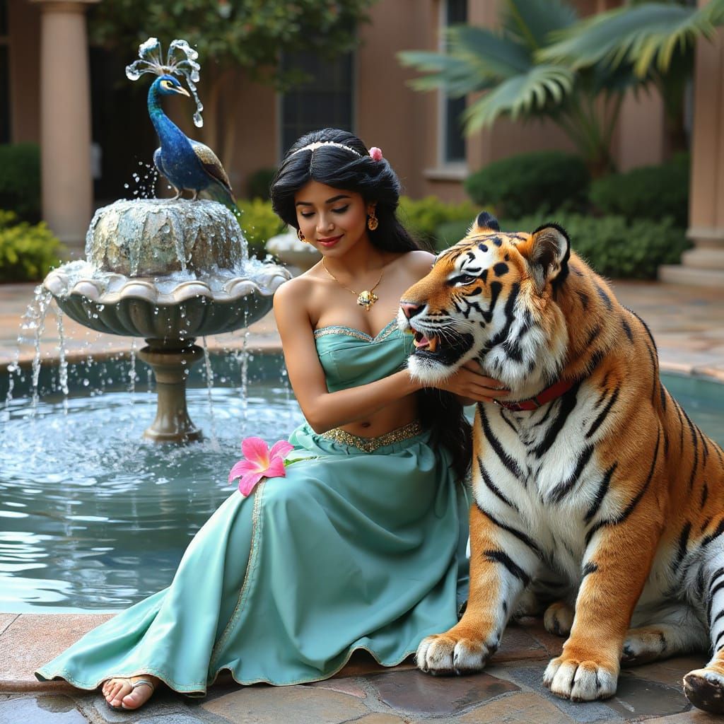 Princess jasmine by a peacock water fountain    by @Vanessa 