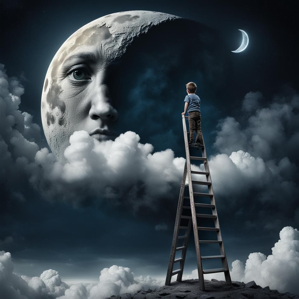 Little boy 5 years old, on top of a ladder that is leaning against a quarter moon.  A little boy 5, stands ...  by @Kathy A Lindsey
