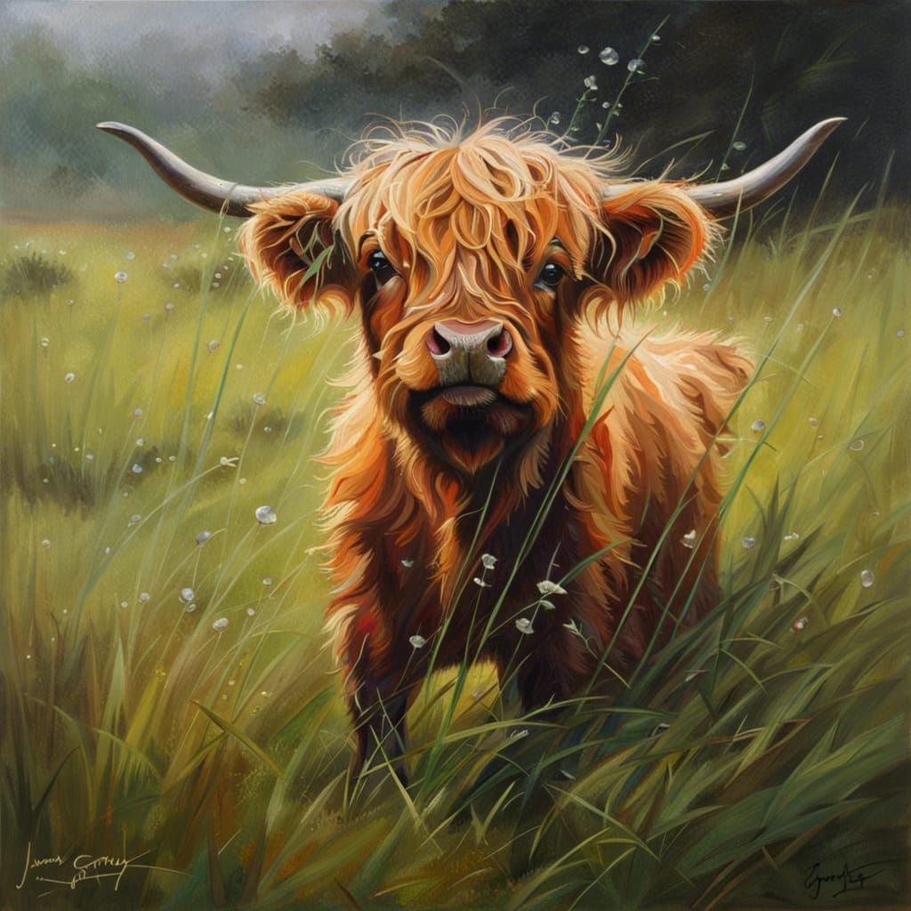Baby Highland cow playing in dew filled grass  by @Luna