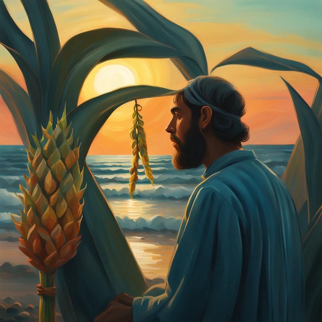 Seaside Sunset with Lulav and Etrog: Surreal Oil Painting