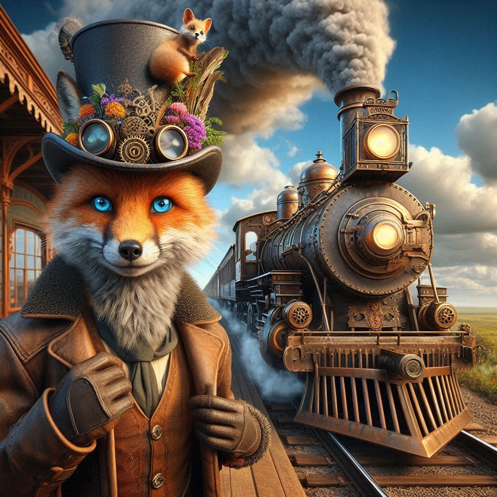 Cute Steampunk Fox waits for his train