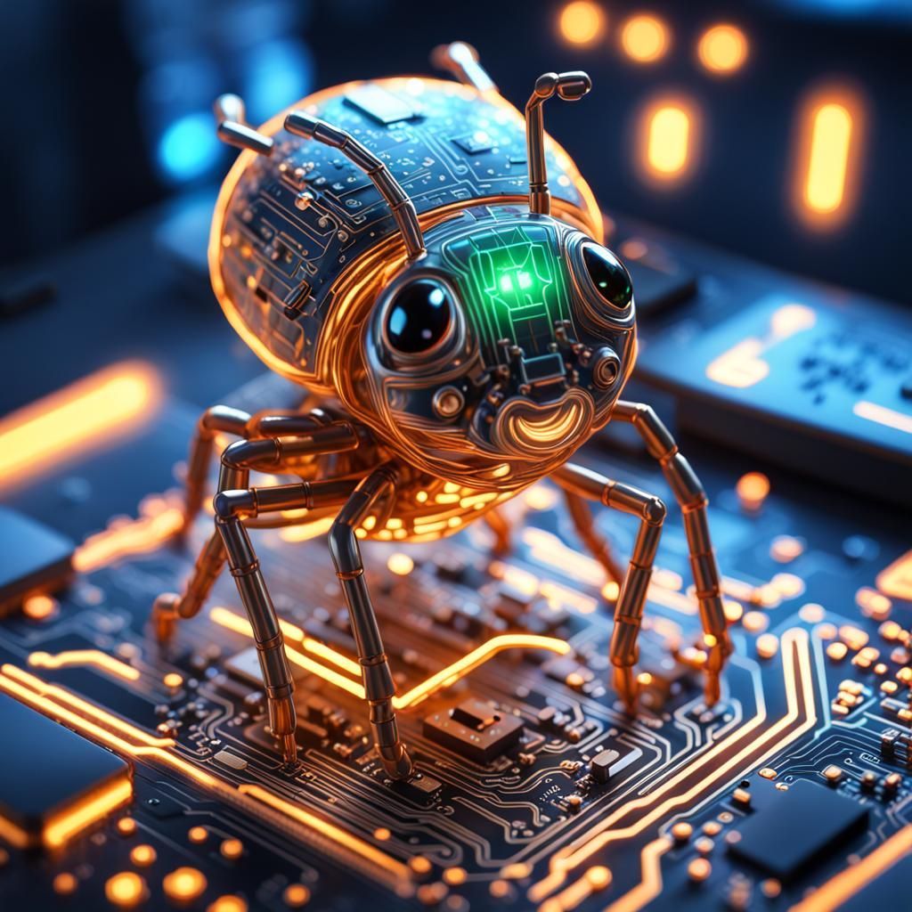 cute adorable chibified glowing circuit bug on computer circuit board", glowing wires, hyperdetailed, beautiful composition, visible details...