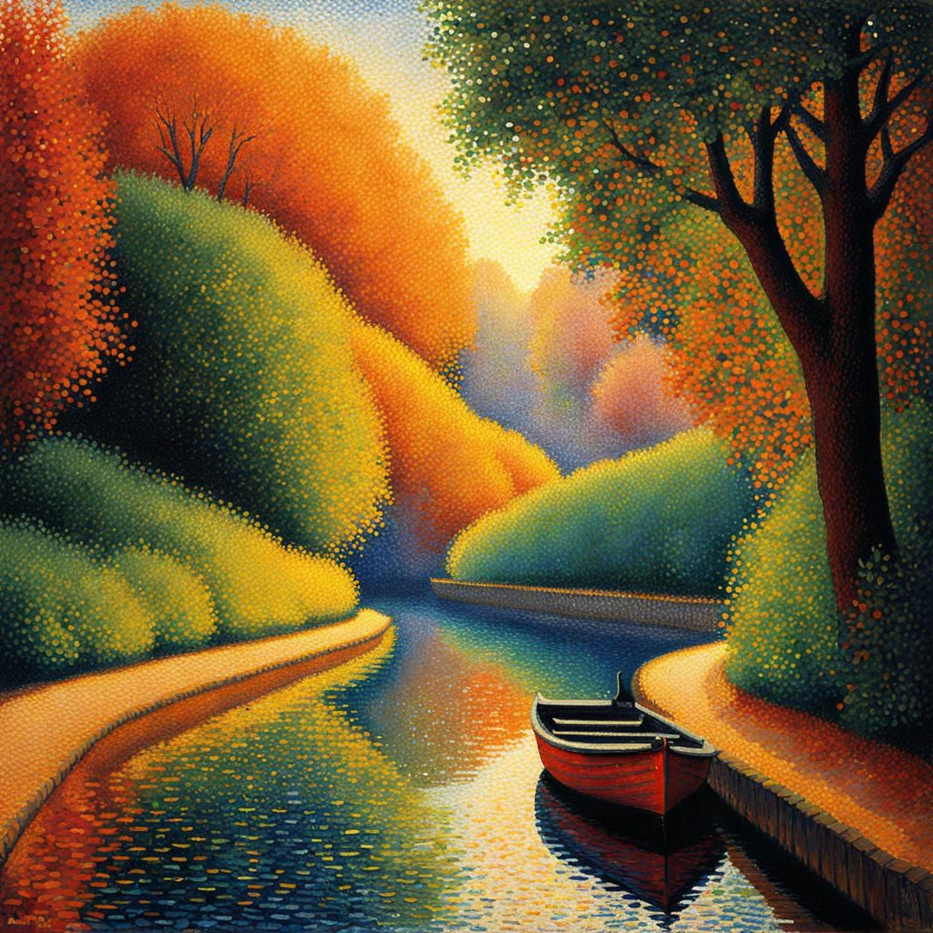 towpath and boat, by Seurat   by @FleurTerreur