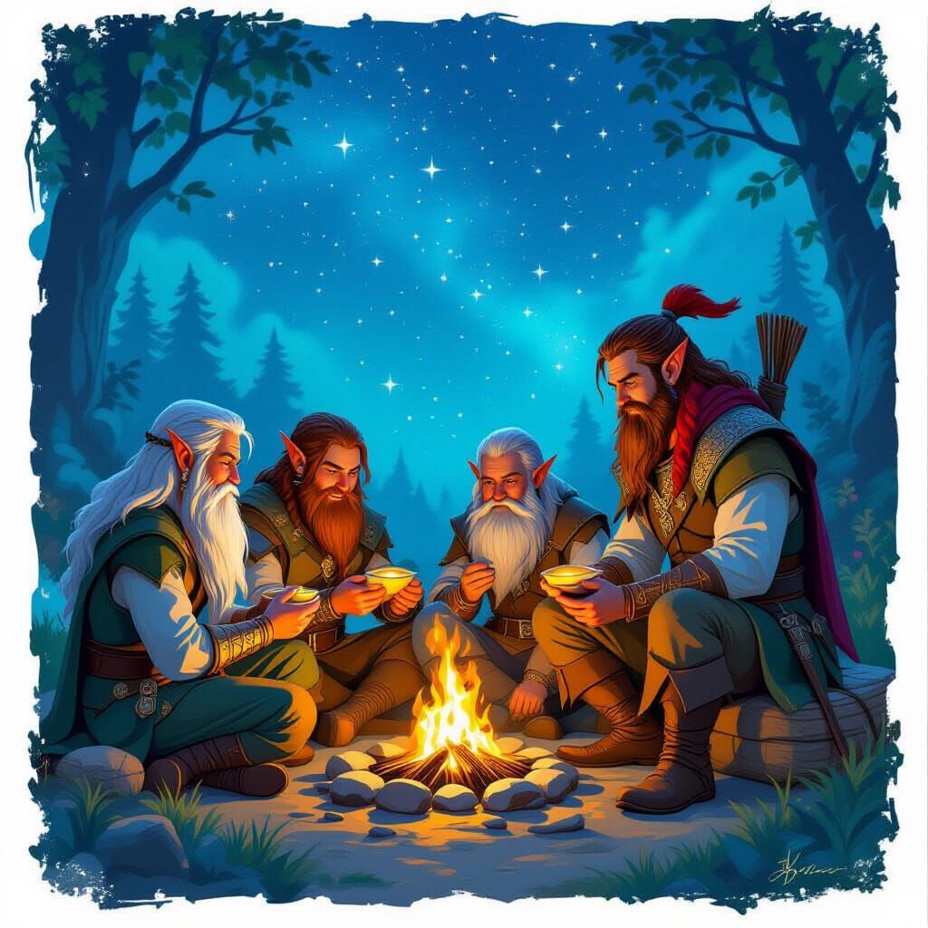 A group of diverse fantasy characters, including elves, dwarves, and humans, are gathered around a campfire, sharing food and stories. One c...