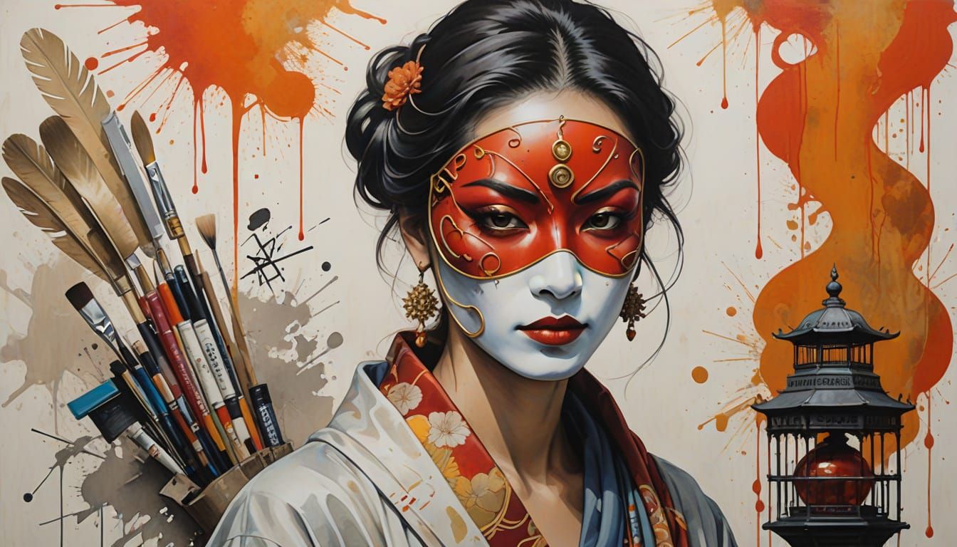 2D anime concept art of a surrealist mask named “Rupta Ira”, symbolizing suppressed anger — designed in elegant minimalist Japanese style. I...