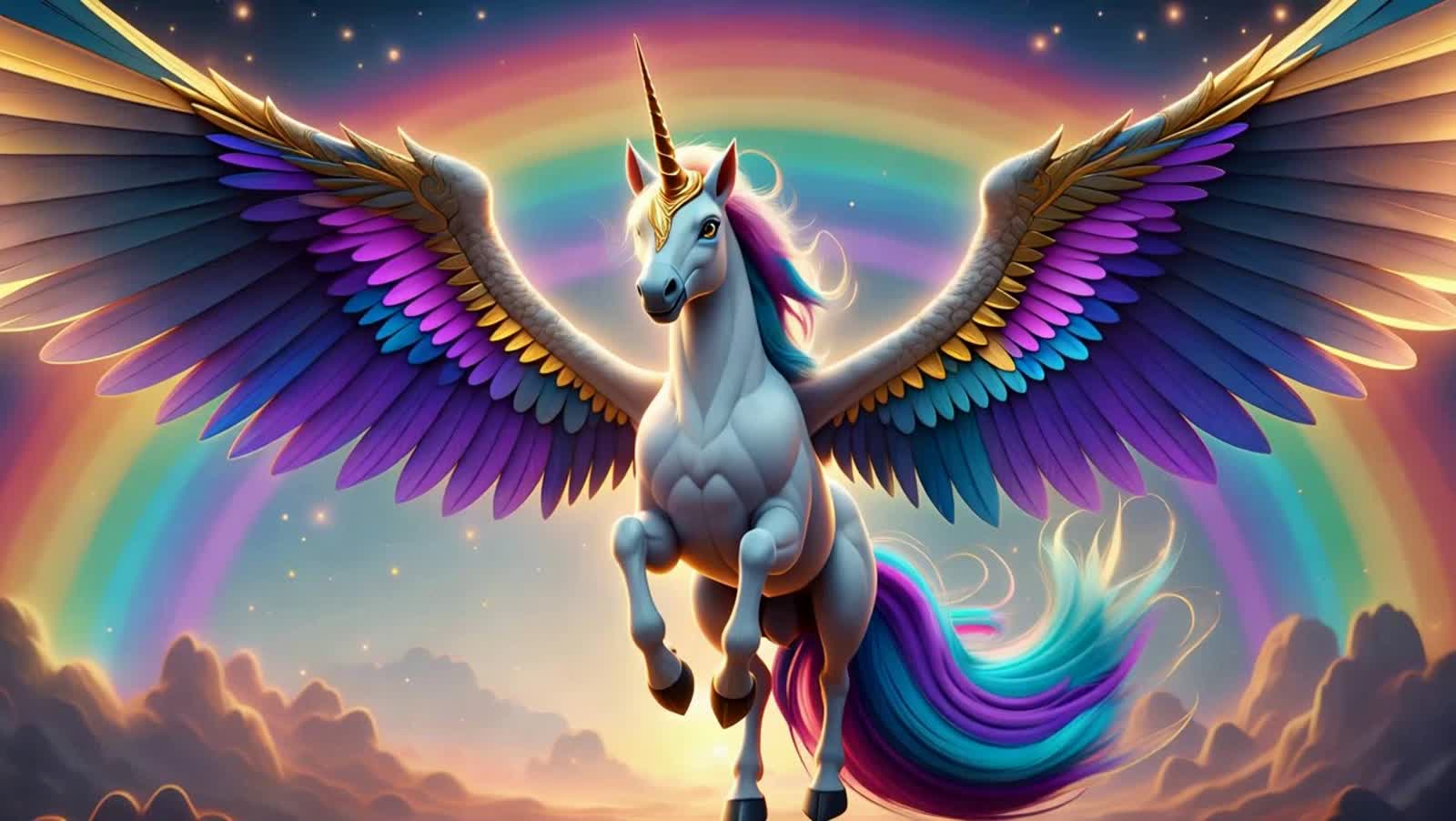 Einhorn mit großen weit ausgebreiteten Flügel und glitzer hintergrund mit einem Regenbogen.